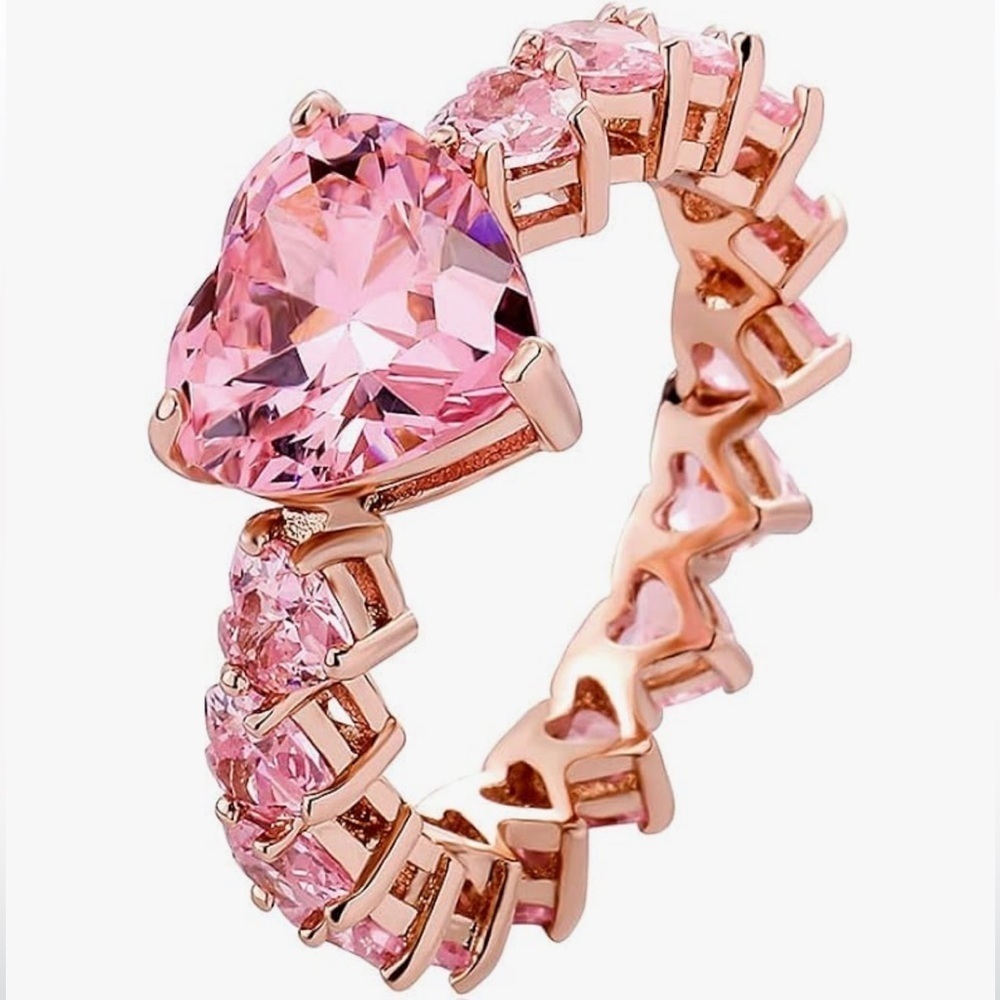 Pink Heart CZ Baguette setting ring 14k gold plated over sterling silver size 8